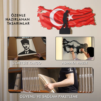 Harita ve Atatürk İmza 2'li Set Metal Duvar Tablosu - APT767